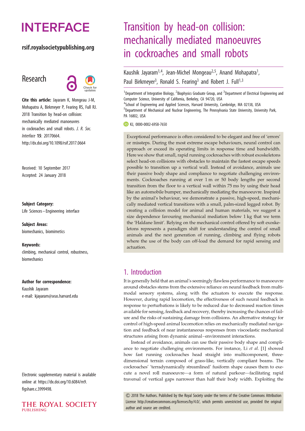 Transition by Head-On Collision: Mechanically Mediated Manoeuvres Rsif.Royalsocietypublishing.Org in Cockroaches and Small Robots