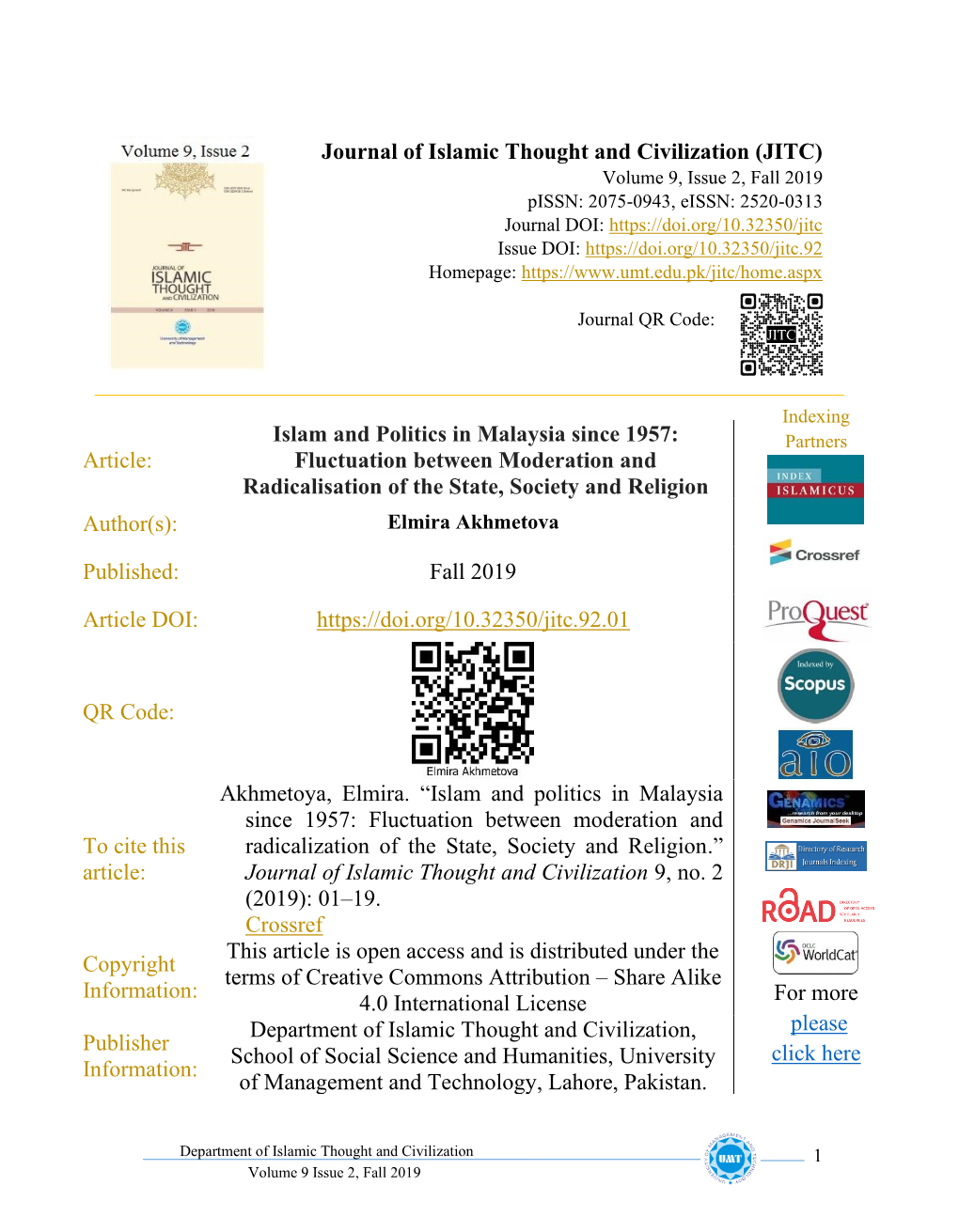 Journal of Islamic Thought and Civilization (JITC