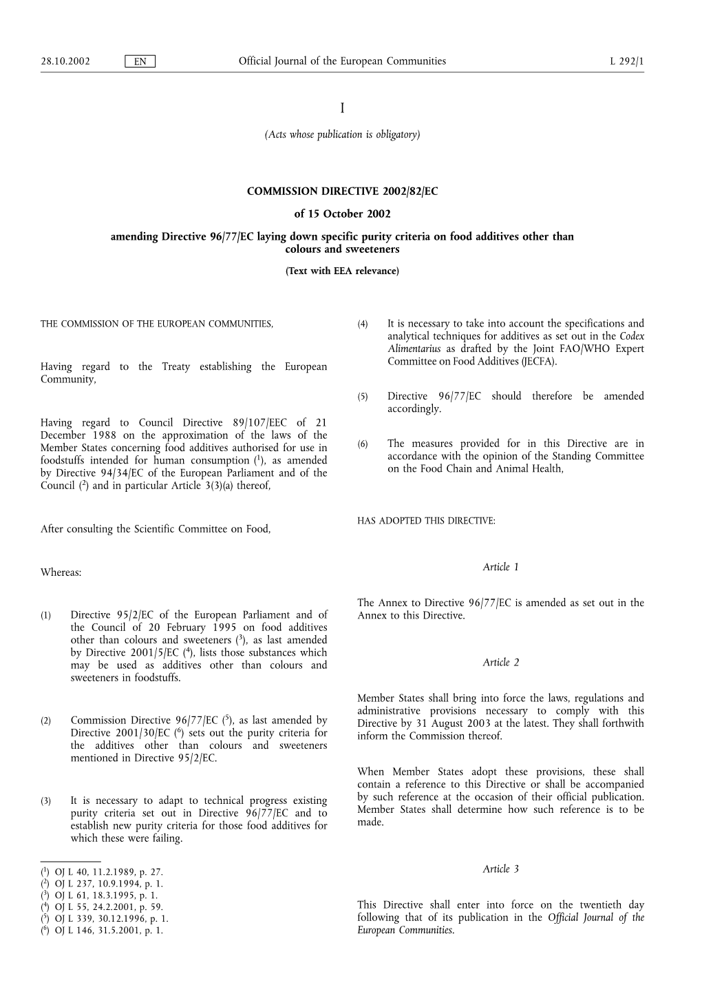 Commission Directive 2002/82/EC Amending Directive 96