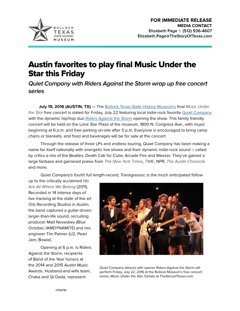 Austin Favorites to Play Final Music Under the Star This Friday Quiet Company with Riders Against the Storm Wrap up Free Concert Series
