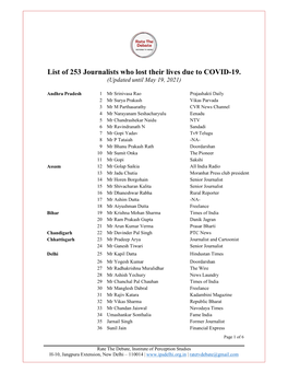 List of 253 Journalists Who Lost Their Lives Due to COVID-19. (Updated Until May 19, 2021)