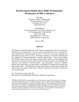 Do Investment Banks Have Skill? Performance Persistence of M&A Advisors