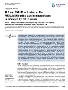 TLR and TNF-R1 Activation of the MKK3/MKK6–P38α Axis in Macrophages Is Mediated by TPL-2 Kinase
