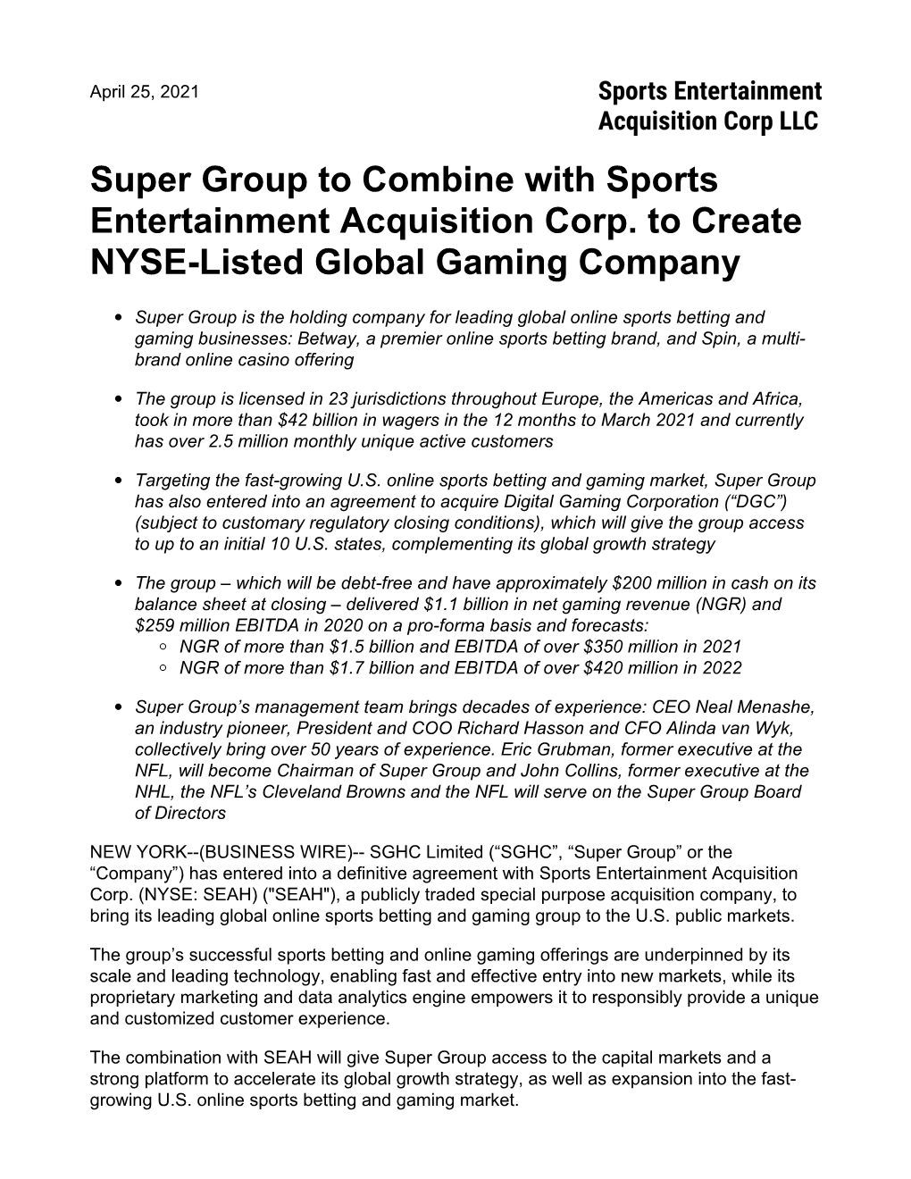 Super Group to Combine with Sports Entertainment Acquisition Corp. to Create NYSE-Listed Global Gaming Company