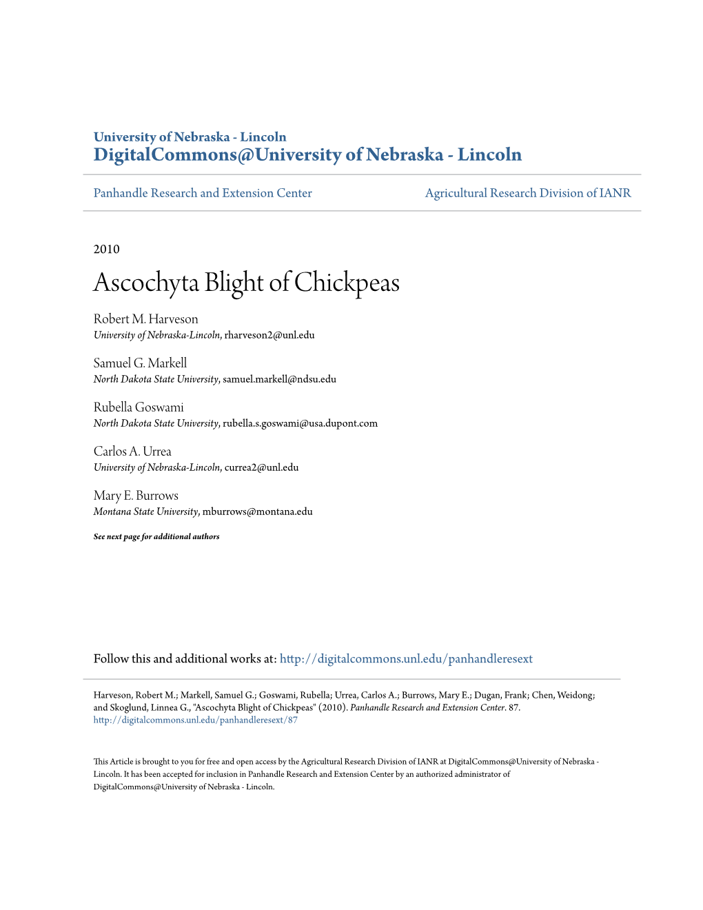 Ascochyta Blight of Chickpeas Robert M