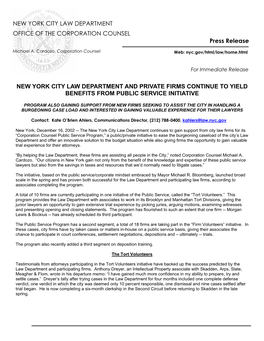 New York City Law Department and Private Firms Continue to Yield Benefits from Public Service Initiative