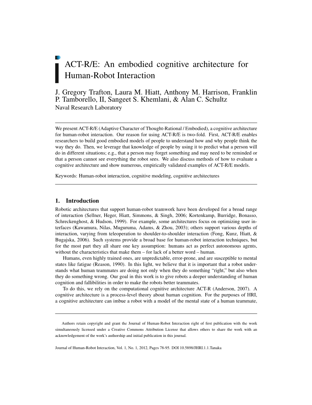 ACT-R/E: an Embodied Cognitive Architecture for Human-Robot Interaction