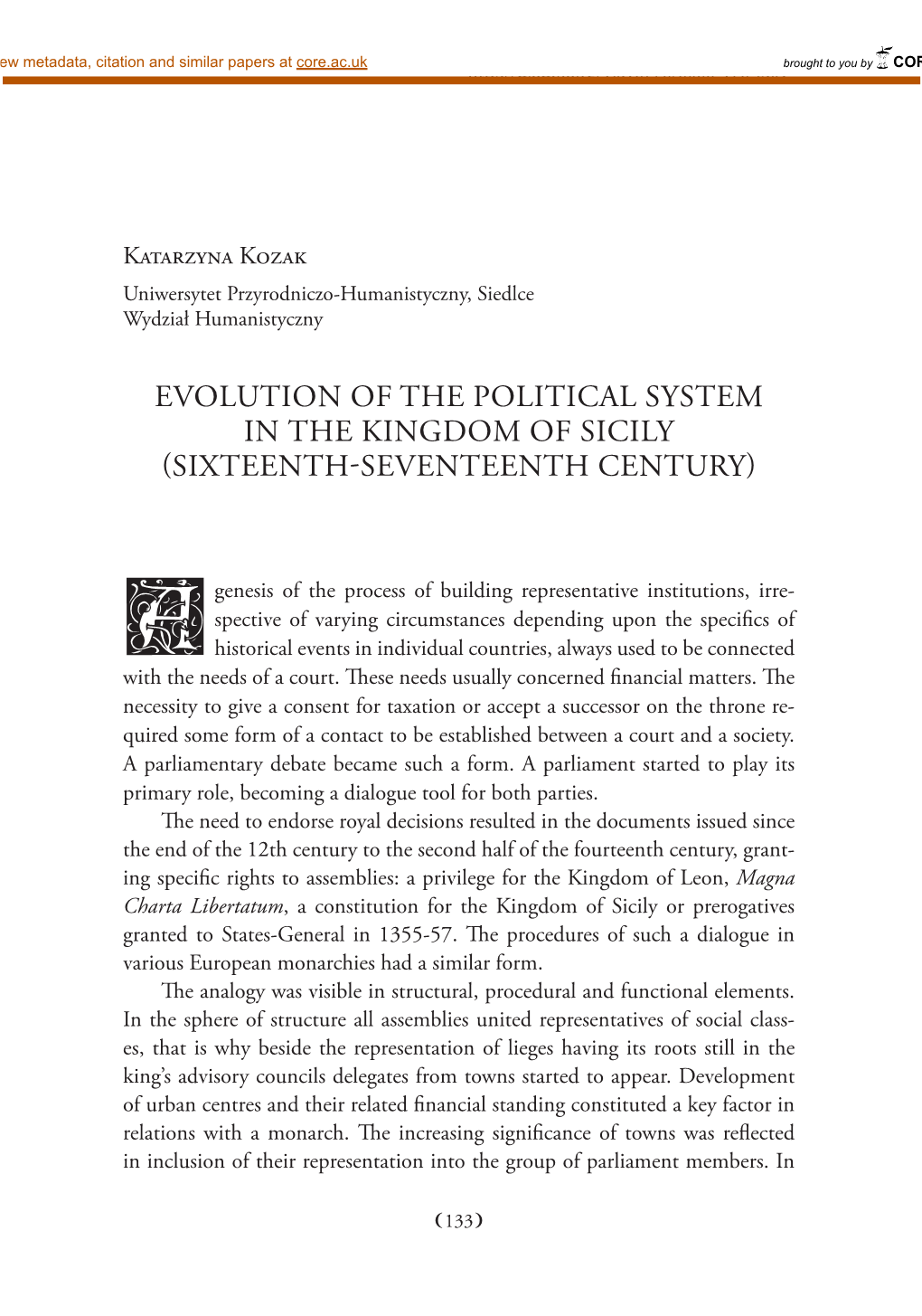 Evolution of the Political System in the Kingdom of Sicily (Sixteenth-Seventeenth Century)