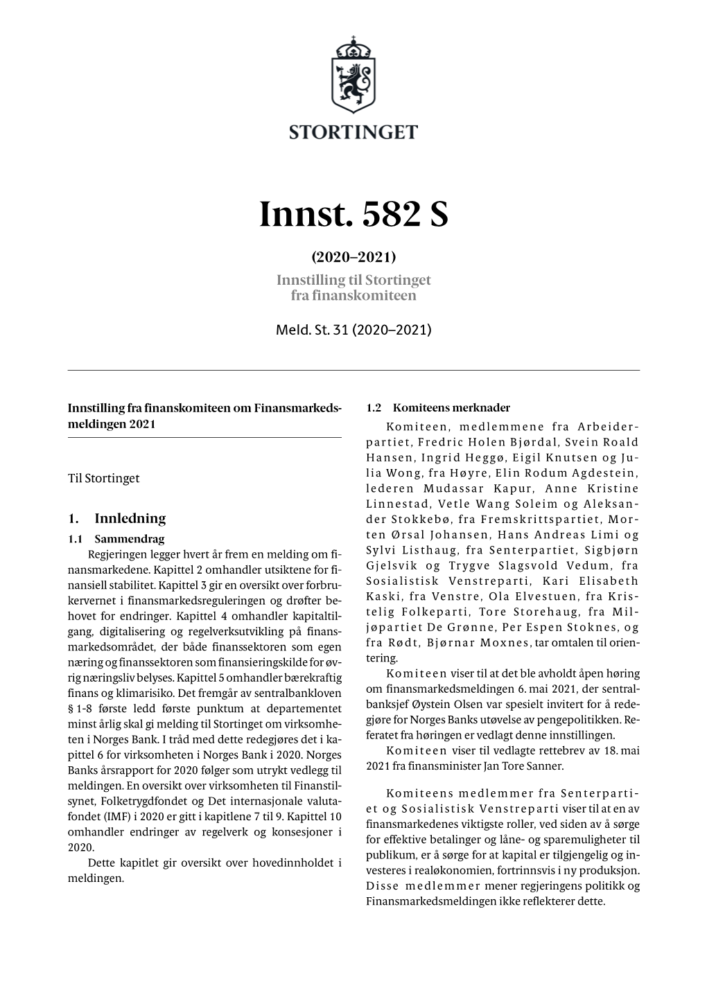 Innst. 582 S (2020–2021) Innstilling Til Stortinget Fra Finanskomiteen