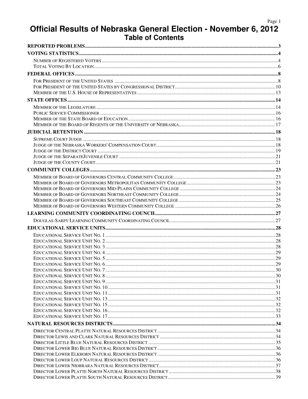 Official Results of Nebraska General Election - November 6, 2012 Table of Contents REPORTED PROBLEMS