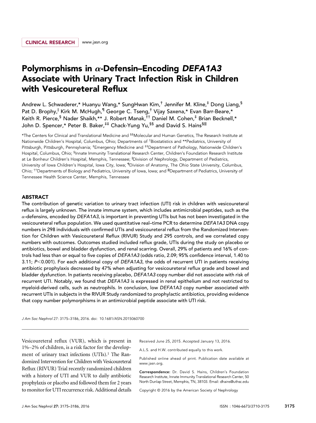 Defensin–Encoding DEFA1A3 Associate with Urinary Tract Infection Risk in Children with Vesicoureteral Reﬂux