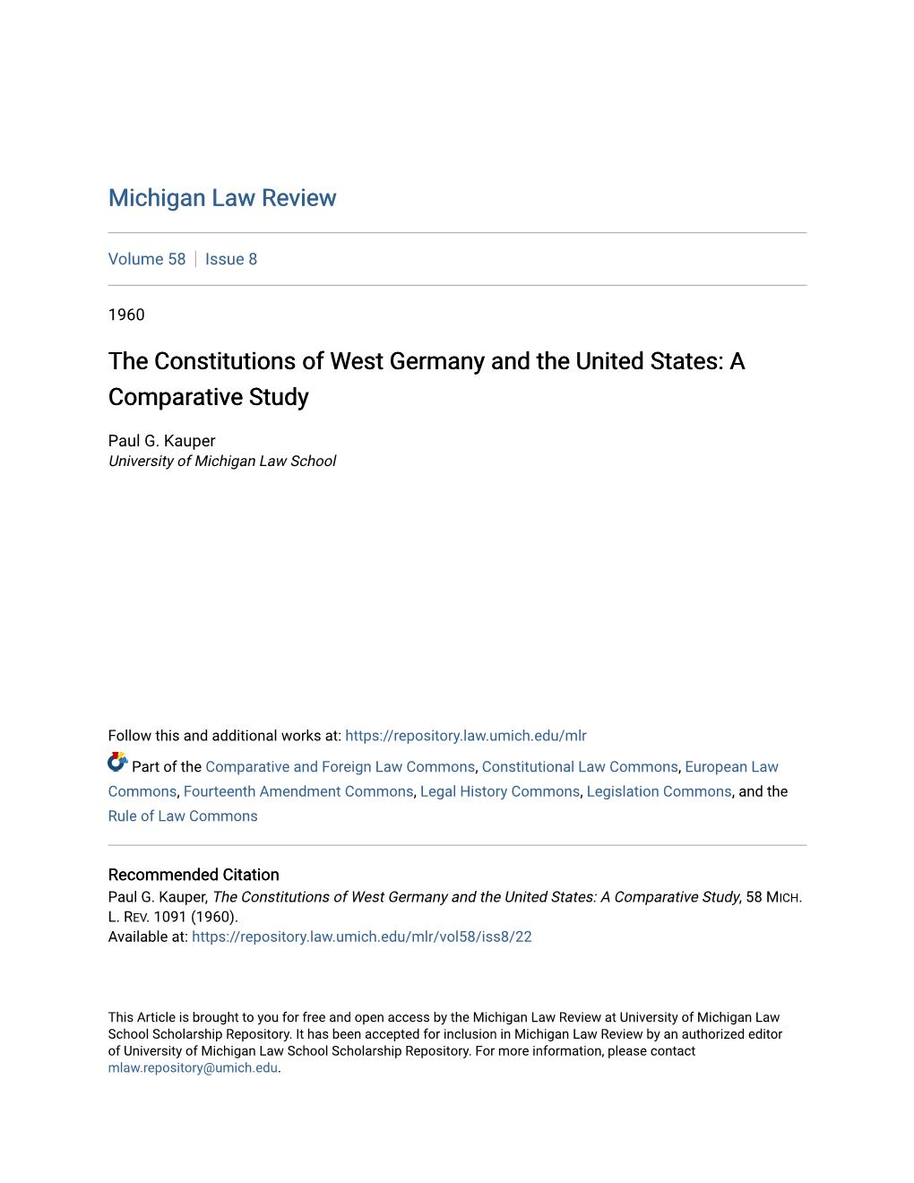 The Constitutions of West Germany and the United States: a Comparative Study