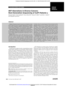 RET Aberrations in Diverse Cancers: Next-Generation Sequencing of 4,871 Patients Shumei Kato1, Vivek Subbiah2, Erica Marchlik3, Sheryl K