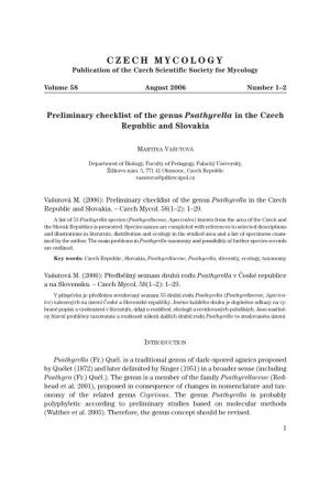 Preliminary Checklist of the Genus Psathyrella in the Czech Republic and Slovakia