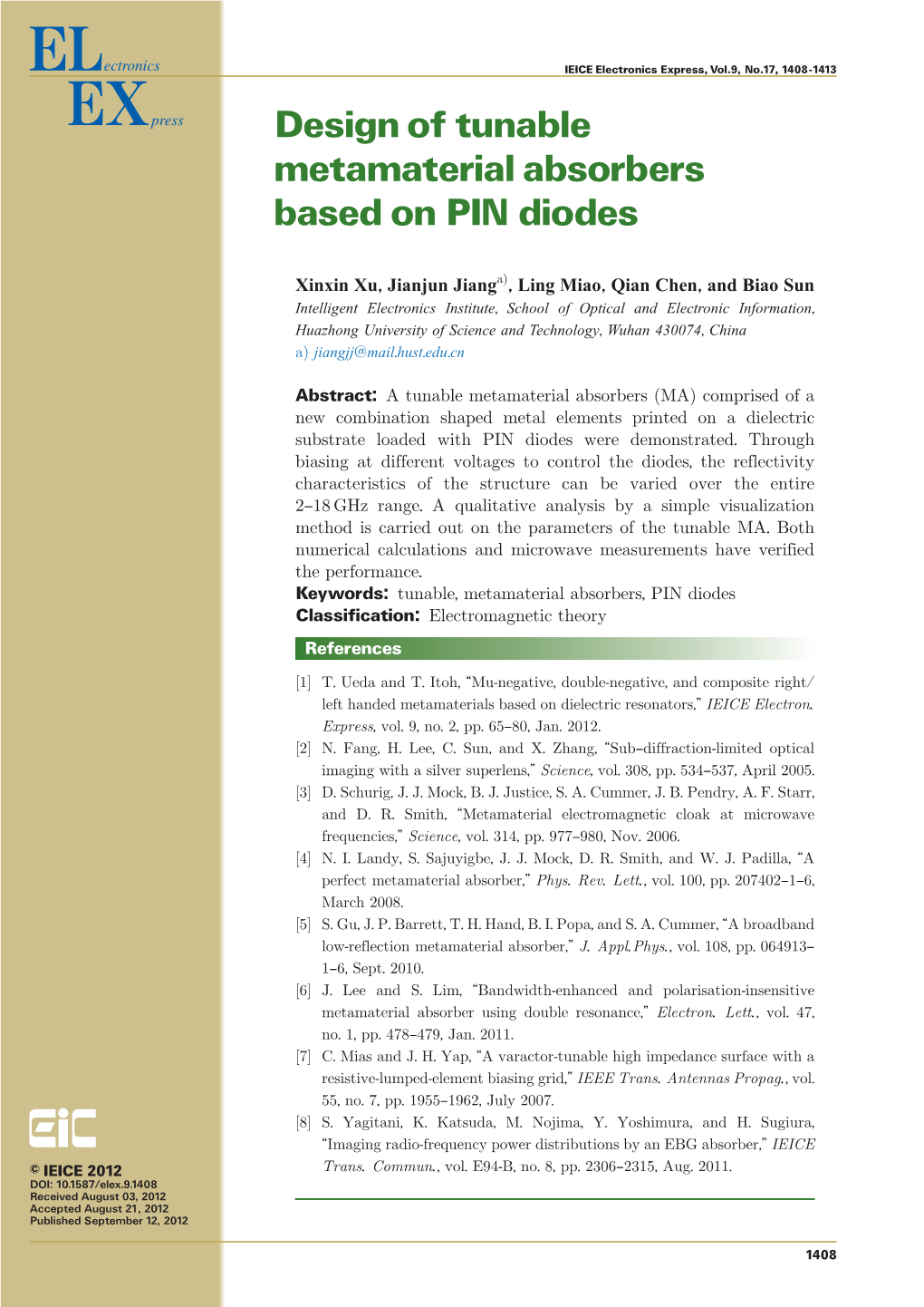 Design of Tunable Metamaterial Absorbers Based on PIN Diodes