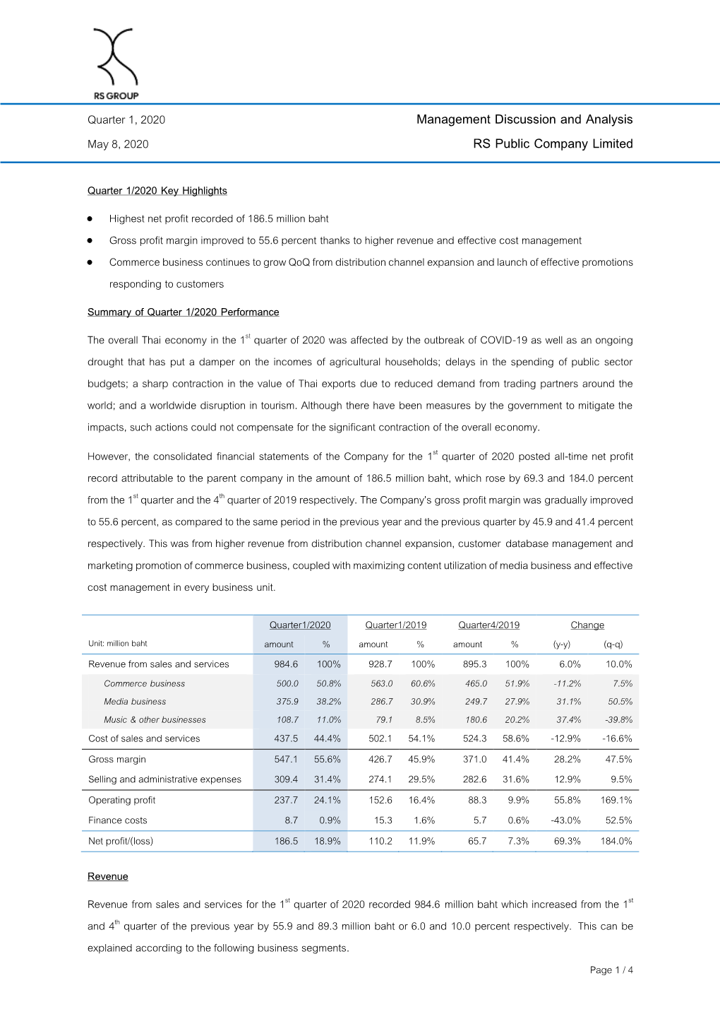 Management Discussion and Analysis RS Public Company Limited