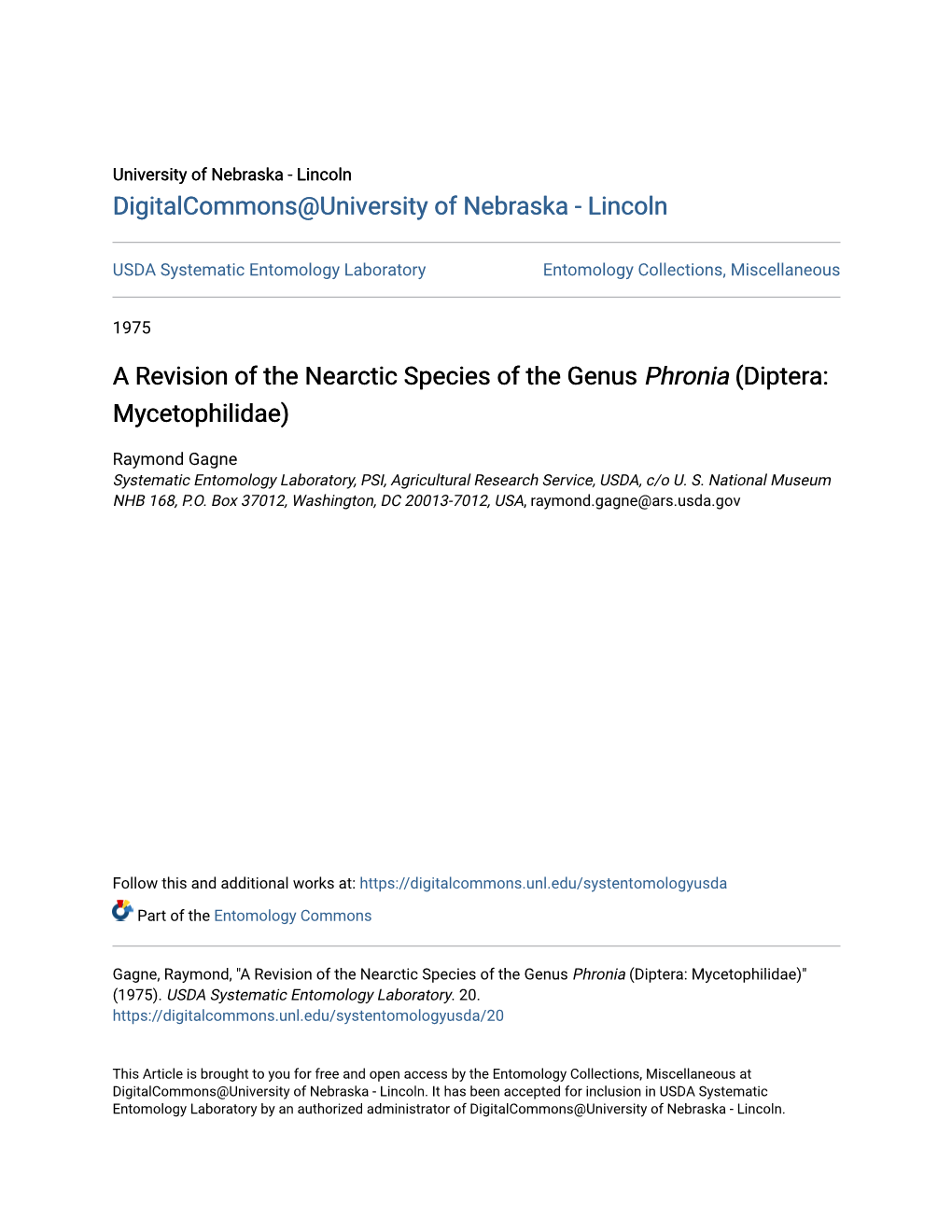 A Revision of the Nearctic Species of the Genus Phronia (Diptera: Mycetophilidae)