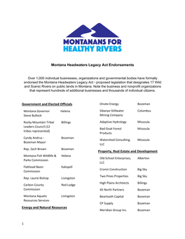 Montana Headwaters Legacy Act Endorsements Government And