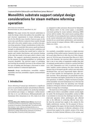 Monolithic Substrate Support Catalyst Design Considerations for Steam Methane Reforming Operation