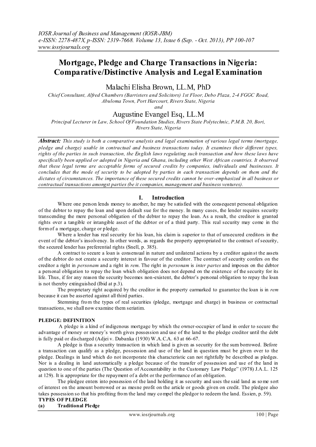 Mortgage, Pledge and Charge Transactions in Nigeria: Comparative/Distinctive Analysis and Legal Examination