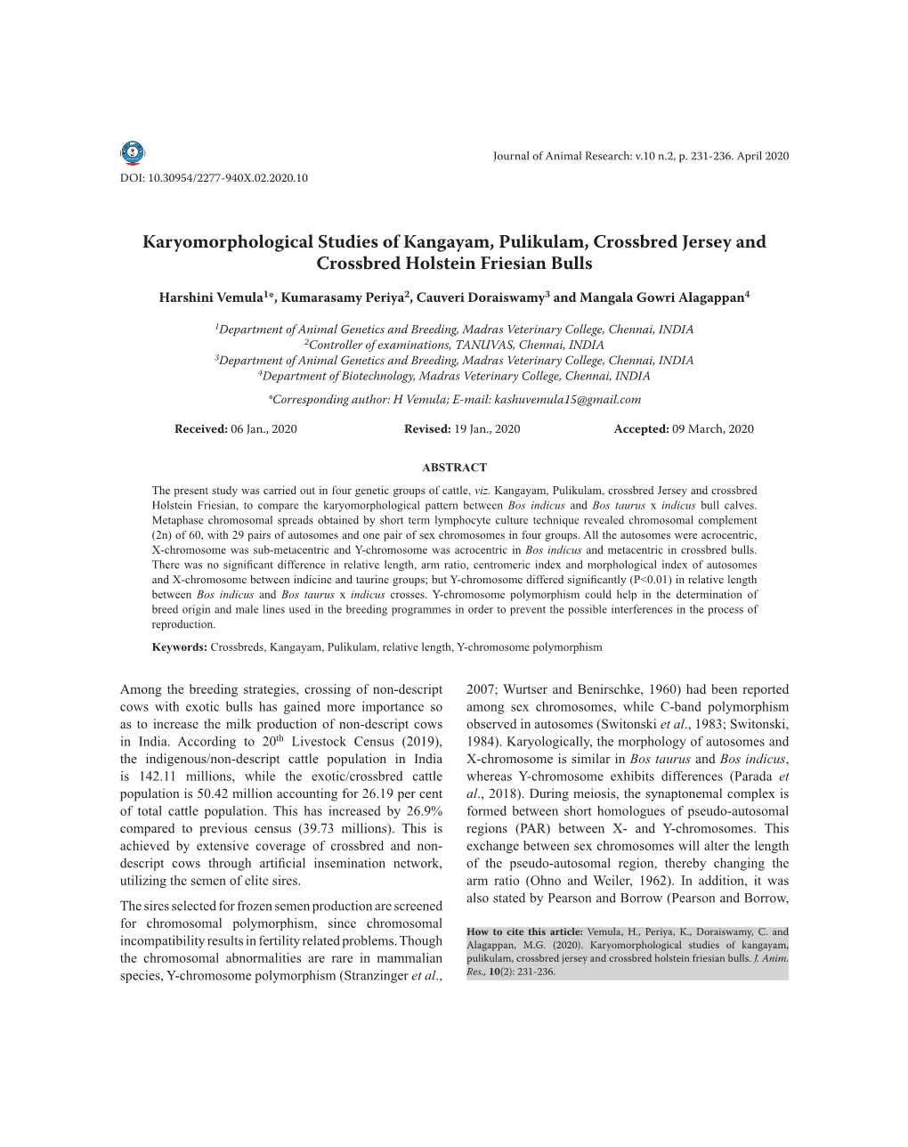 Karyomorphological Studies of Kangayam, Pulikulam, Crossbred Jersey and Crossbred Holstein Friesian Bulls