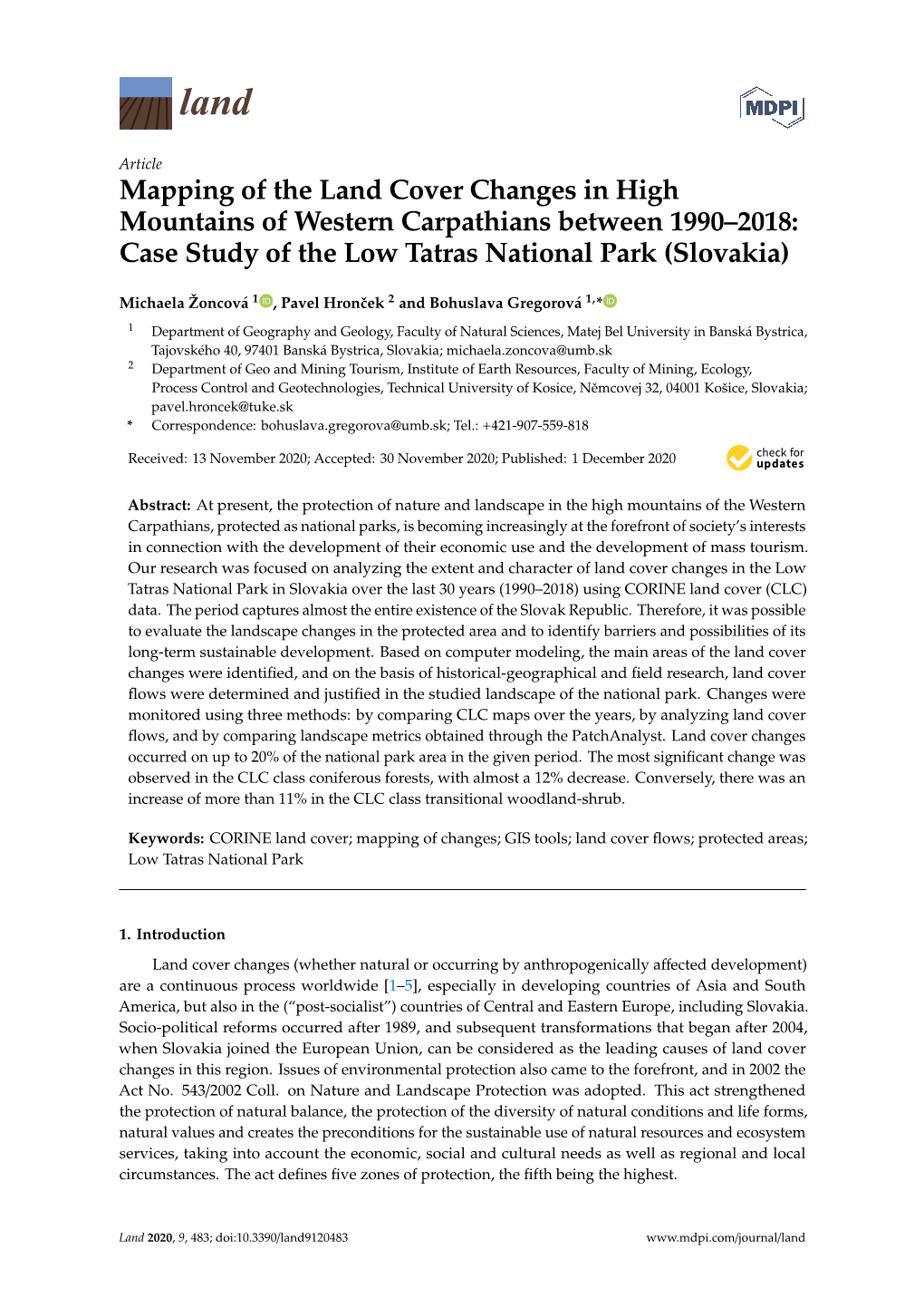 Mapping of the Land Cover Changes in High Mountains of Western Carpathians Between 1990–2018: Case Study of the Low Tatras National Park (Slovakia)