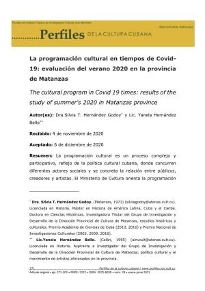 La Programación Cultural En Tiempos De Covid- 19: Evaluación Del Verano 2020 En La Provincia De Matanzas