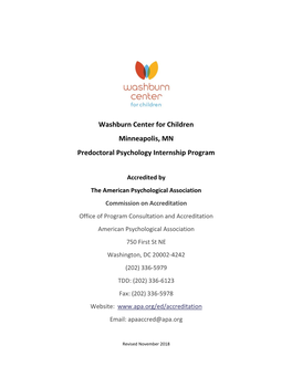 Washburn Center for Children Minneapolis, MN Predoctoral Psychology Internship Program