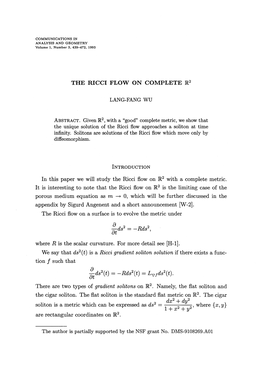 The Ricci Flow on Complete Lang-Fang Wu Abstract