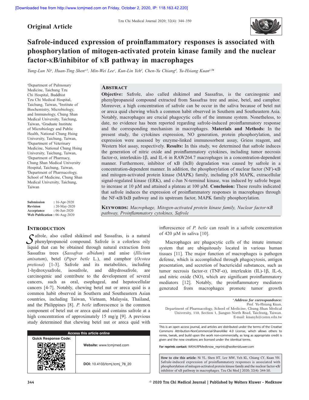 Safrole‑Induced Expression of Proinflammatory Responses Is Associated with Phosphorylation of Mitogen-Activated Protein Kinase