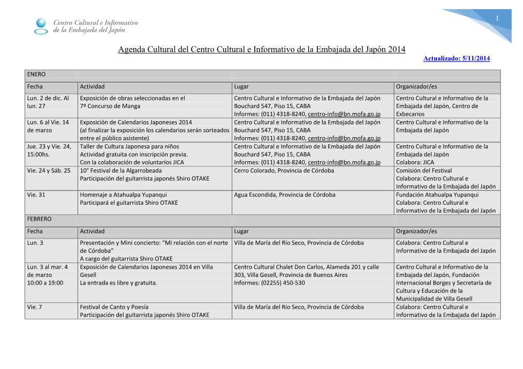 Agenda Cultural Del Centro Cultural E Informativo De La Embajada Del Japón 2014 Actualizado: 5/11/2014