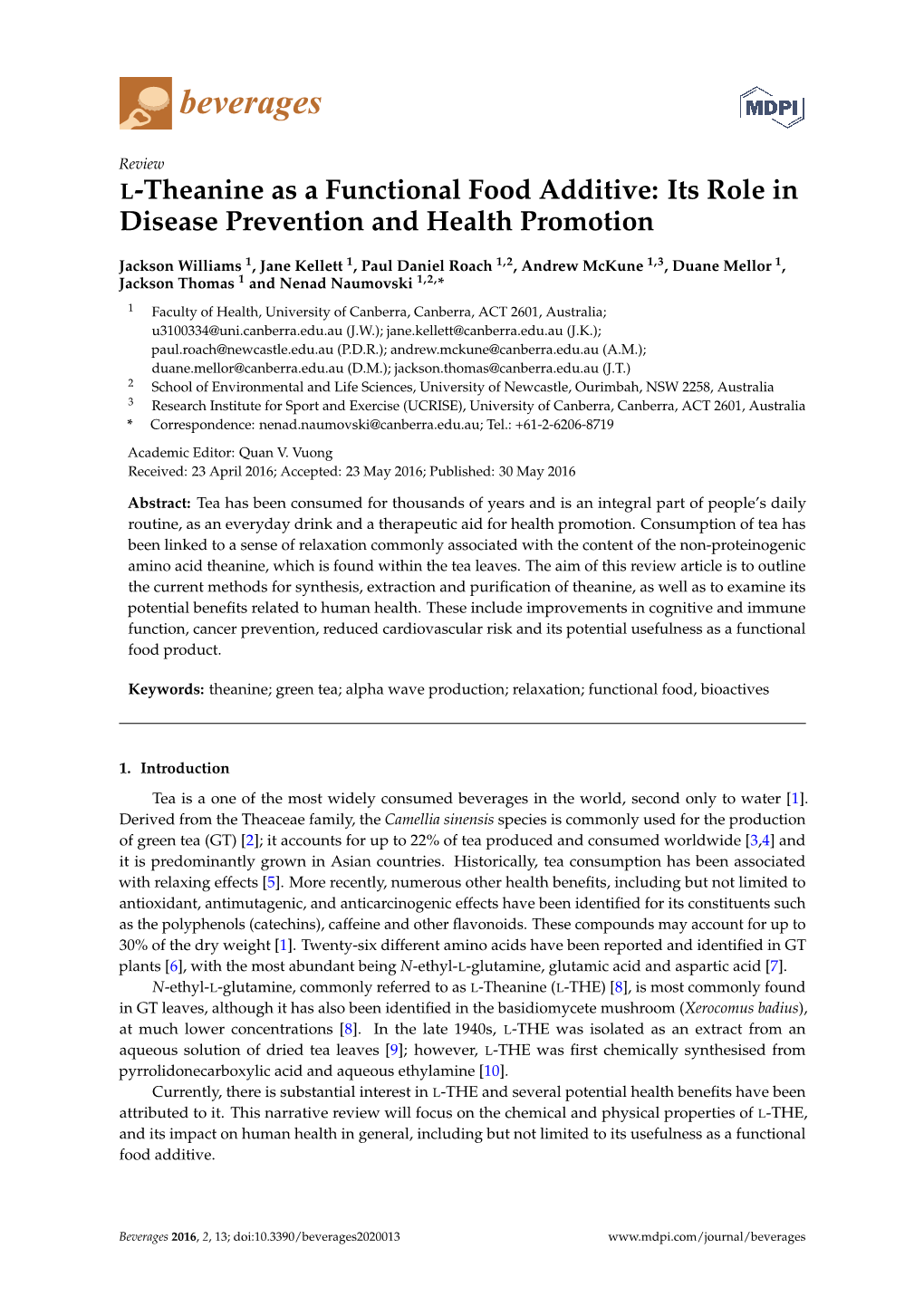 L-Theanine As a Functional Food Additive: Its Role in Disease Prevention and Health Promotion