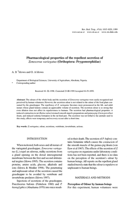 Pharmacological Properties of the Repellent Secretion of Zonocerus Variegatus (Orthoptera: Prygomorphidae)
