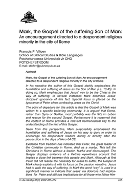 Mark, the Gospel of the Suffering Son of Man: an Encouragement Directed to a Despondent Religious Minority in the City of Rome