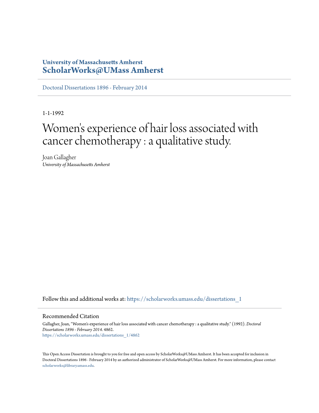 Women's Experience of Hair Loss Associated with Cancer Chemotherapy : a Qualitative Study
