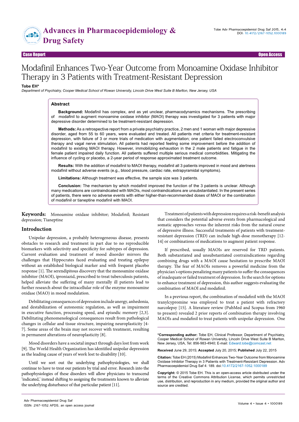 Modafinil Enhances Two-Year Outcome from Monoamine Oxidase Inhibitor Therapy in 3 Patients with Treatment-Resistant Depression