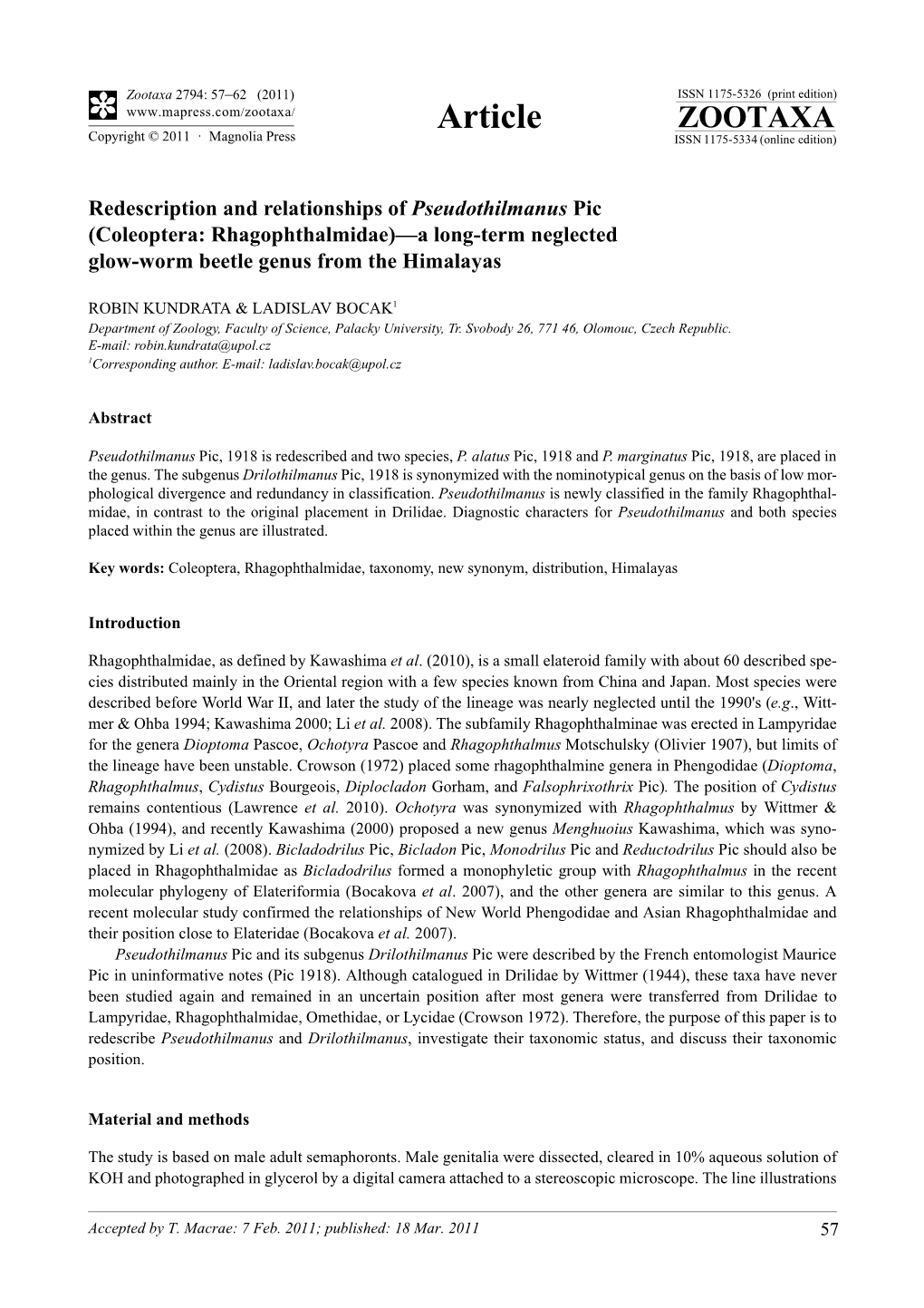 Redescription and Relationships of Pseudothilmanus Pic (Coleoptera: Rhagophthalmidae)—A Long-Term Neglected Glow-Worm Beetle Genus from the Himalayas