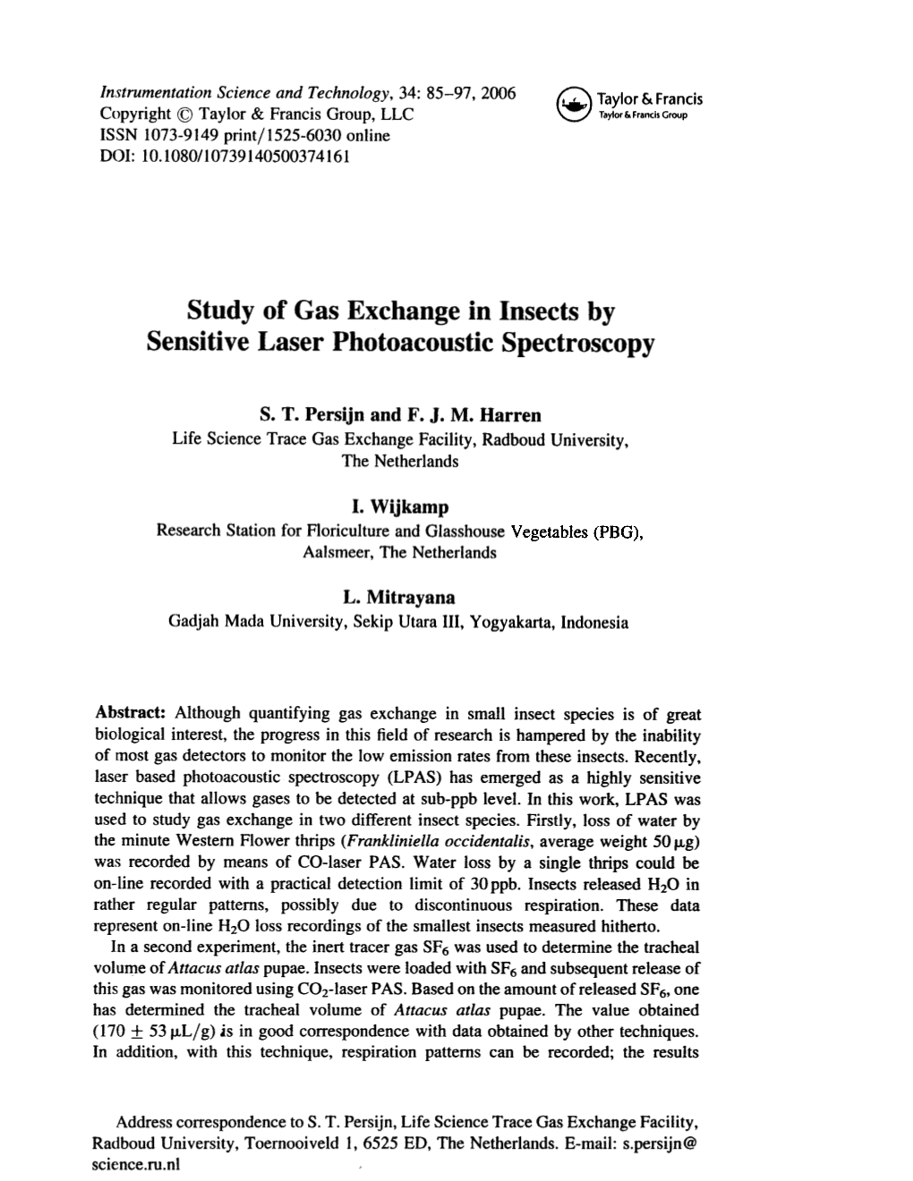 Study of Gas Exchange in Insects by Sensitive Laser Photoacoustic Spectroscopy S