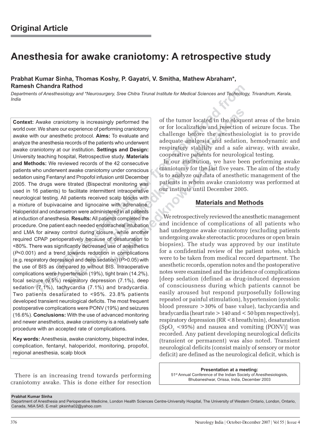 Anesthesia for Awake Craniotomy: a Retrospective Study