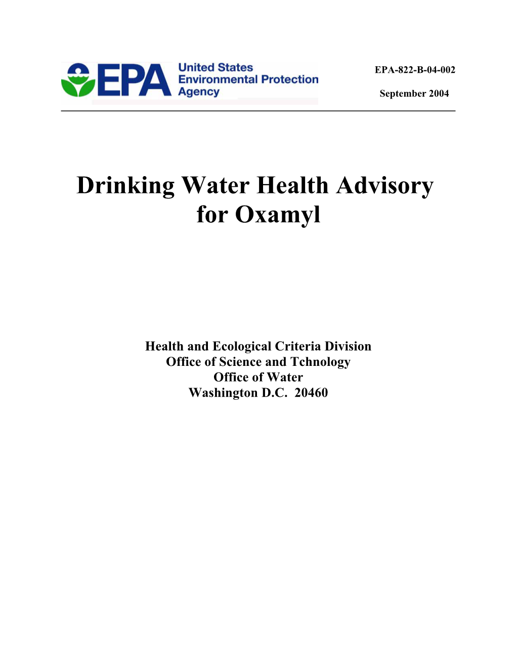 Drinking Water Health Advisory for Oxamyl