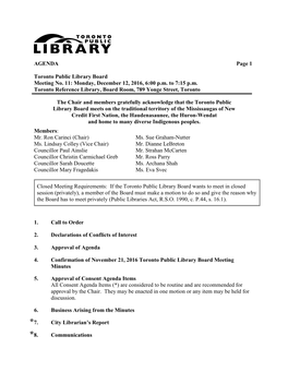 AGENDA Page 1 Toronto Public Library Board Meeting No. 11