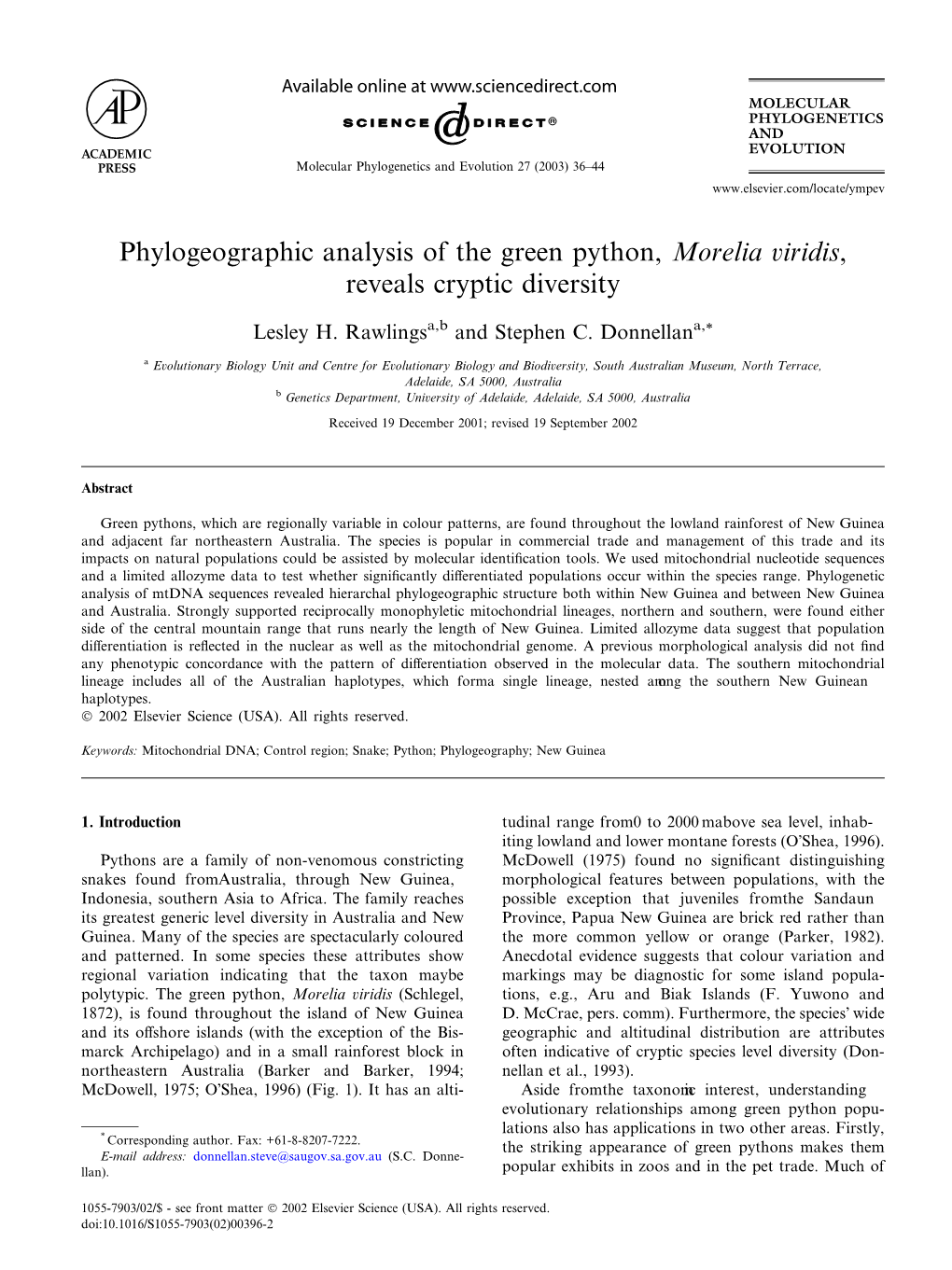 Phylogeographic Analysis of the Green Python, Morelia Viridis, Reveals Cryptic Diversity