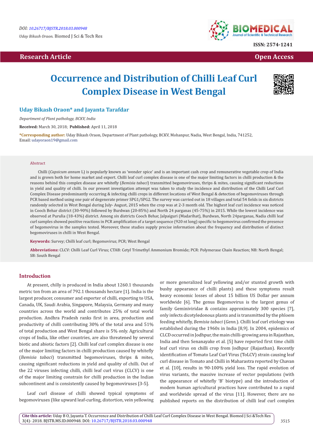 Occurrence and Distribution of Chilli Leaf Curl Complex Disease in West Bengal