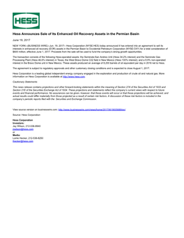 Hess Announces Sale of Its Enhanced Oil Recovery Assets in the Permian Basin