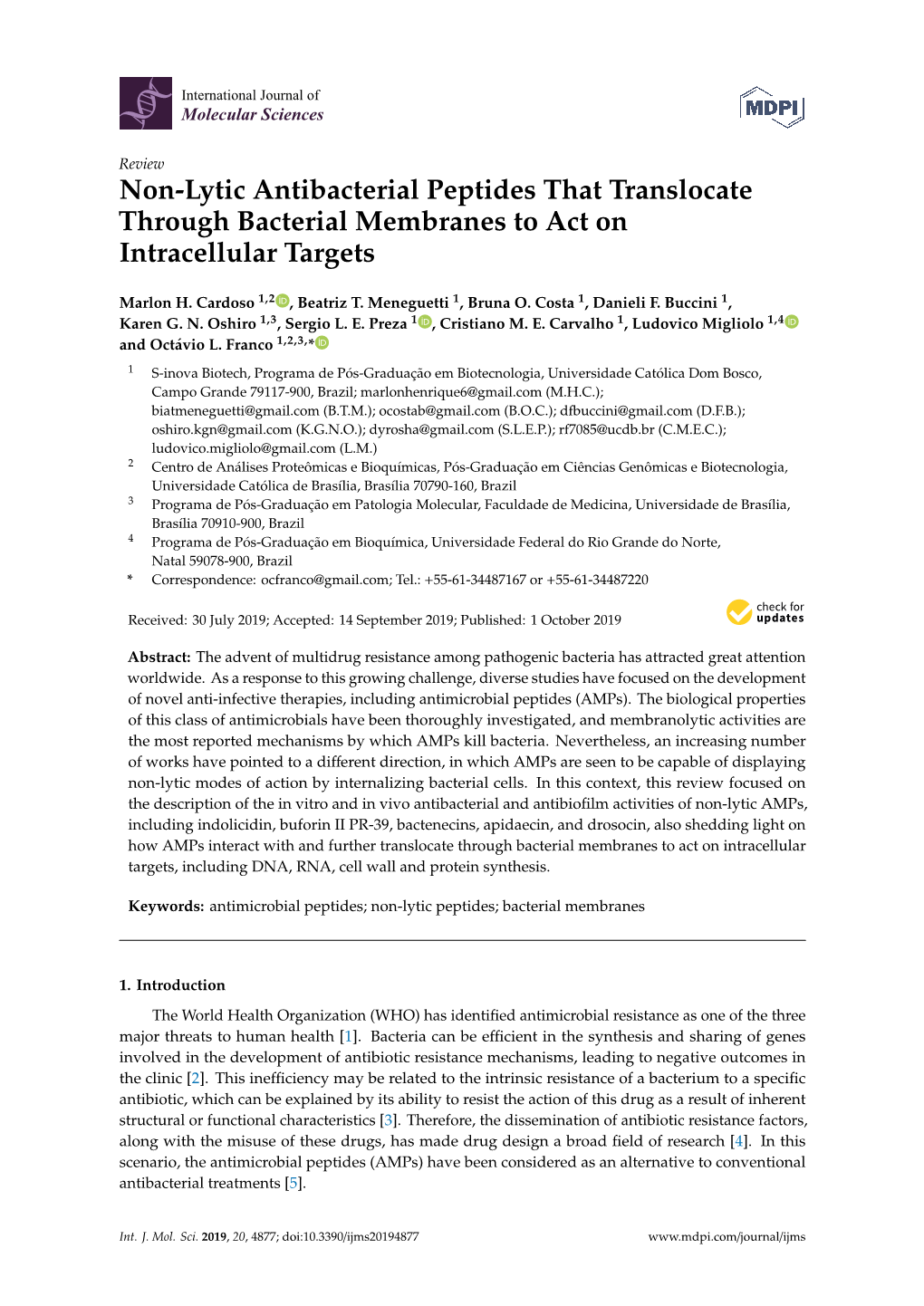 Non-Lytic Antibacterial Peptides That Translocate Through Bacterial Membranes to Act on Intracellular Targets