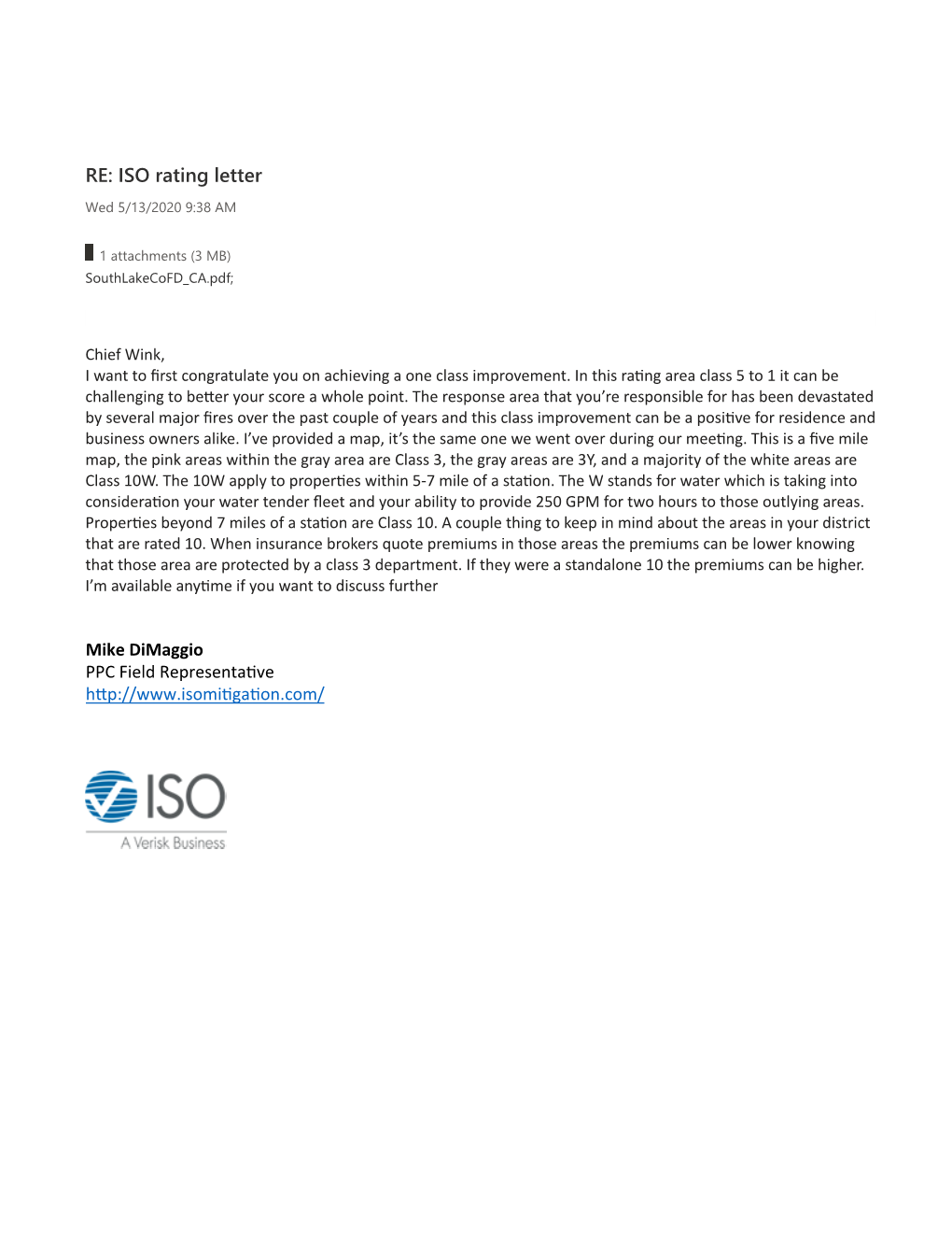RE: ISO Rating Letter