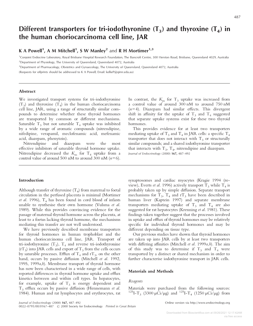 (T3) and Thyroxine (T4) in the Human Choriocarcinoma Cell Line