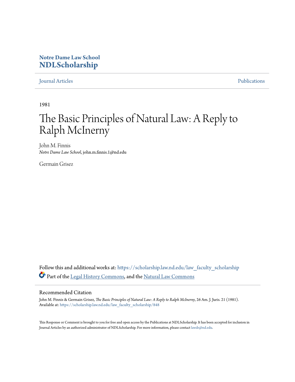The Basic Principles of Natural Law: a Reply to Ralph Mcinerny, 26 Am