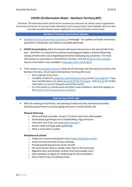 COVID-19 Information Sheet – Northern Territory (NT)