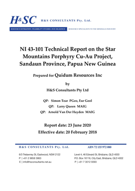 NI 43-101 Technical Report on the Star Mountains Porphyry Cu-Au Project, Sandaun Province, Papua New Guinea